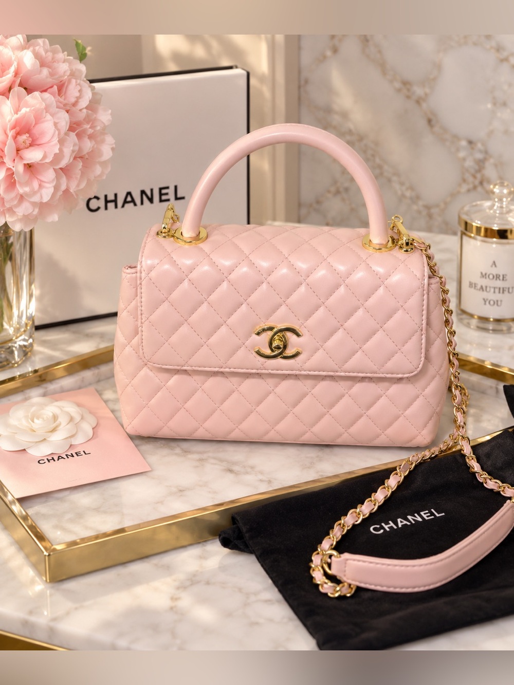 Pink Quilted Leather Top-Handle Bag with Gold Hardware